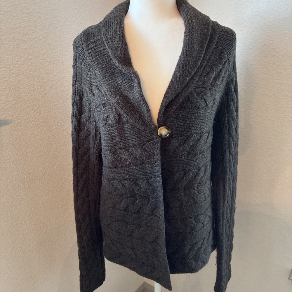Banana Republic Womens Large Brown Gray Lambs Wool Blend V Neck Sweater Cardigan